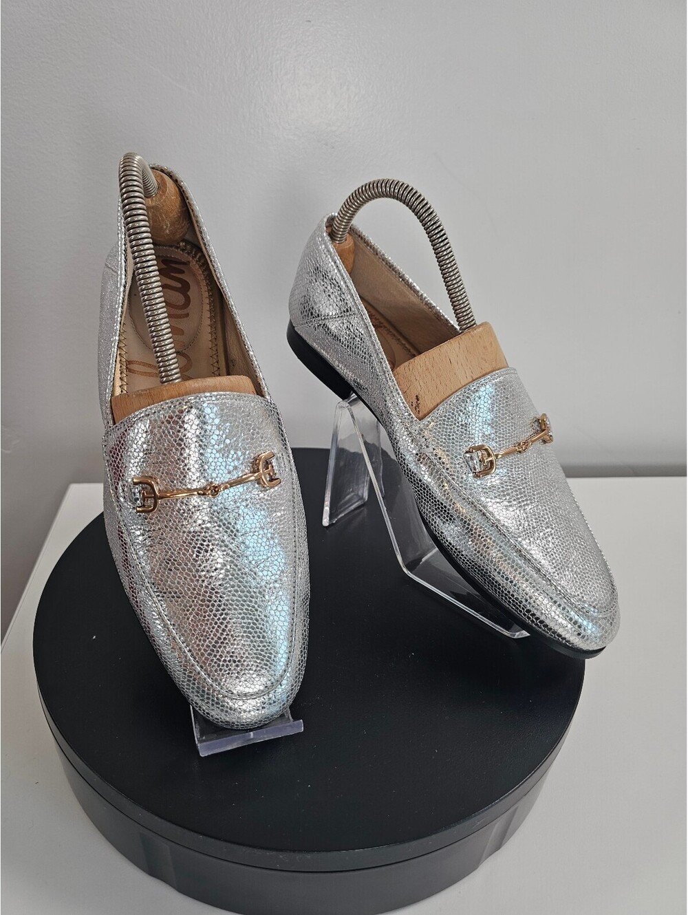 Sam Edelman Silver Metallic Loafers with Gold Buckle Detail